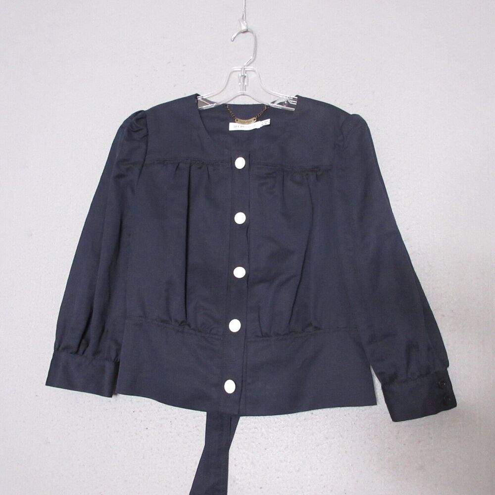 See by Chloe Blazer‎ Jacket 10 Blue Nautical Puff Sleeve Linen Blend Button